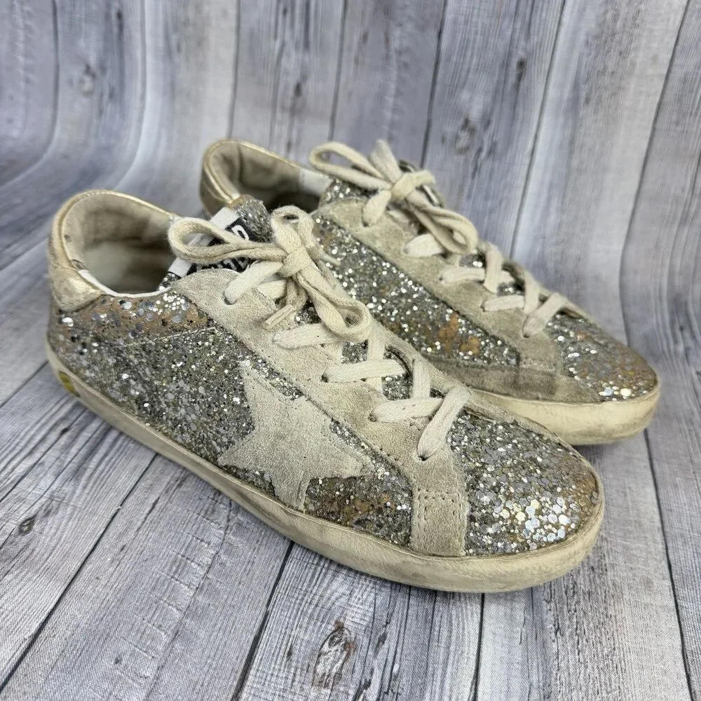 Golden Goose Super-Star Girls Size 1.5Y EUR 34 Silver Glitter Shoes Sneakers